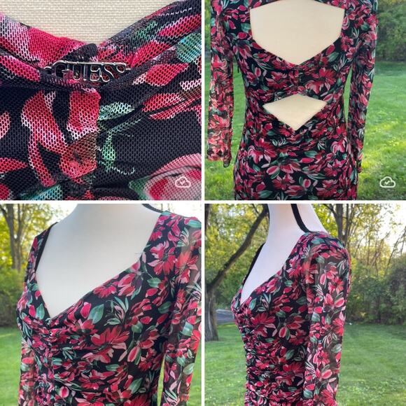Y2K Cottagecor prairie Sheer Floral Ruched Bodycon Cutout Back GUESS Dress small - Picture 6 of 12